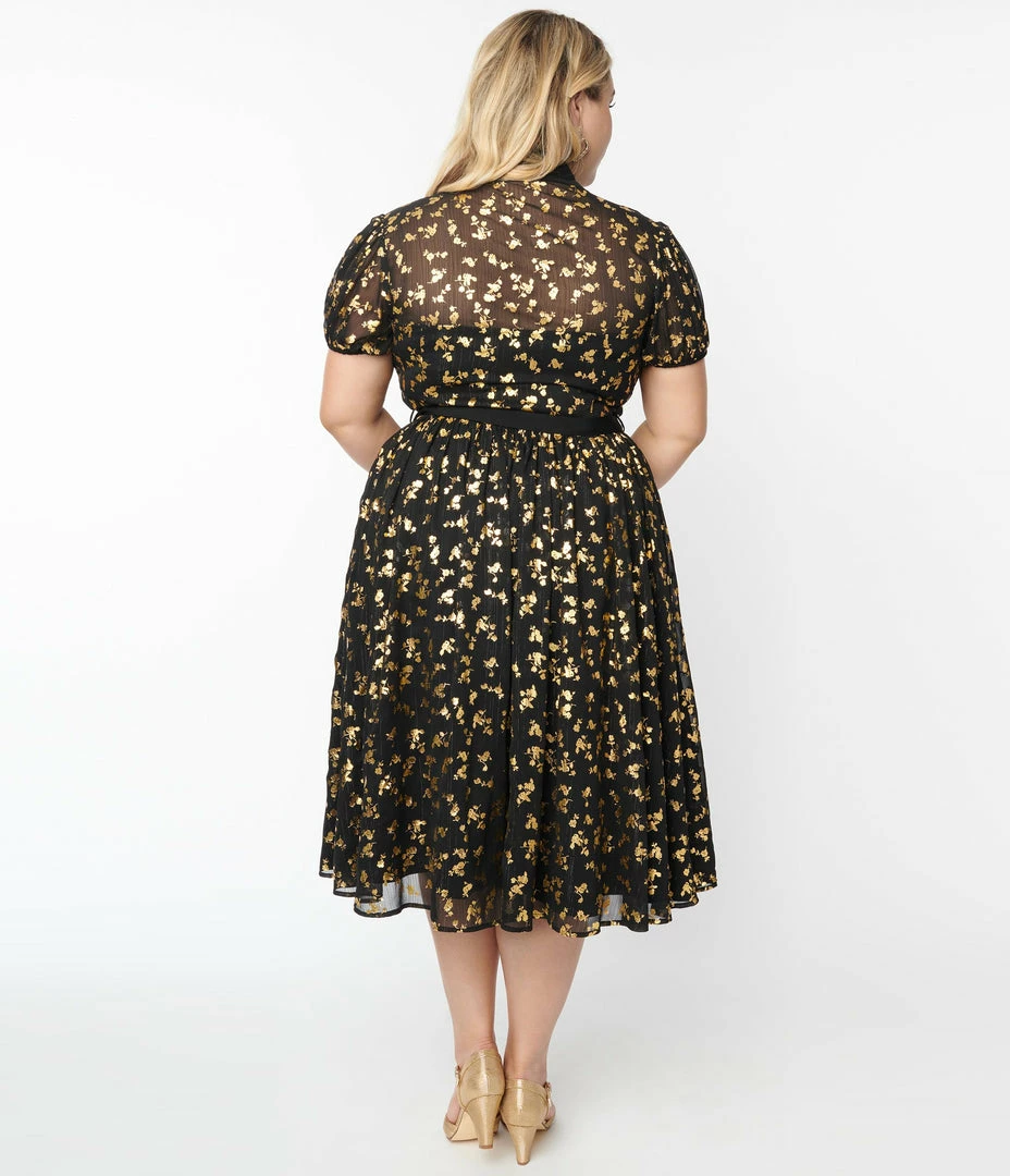 Unique Vintage Plus Size Black & Gold Foil Floral Hollie Swing Dress New Arrivals!