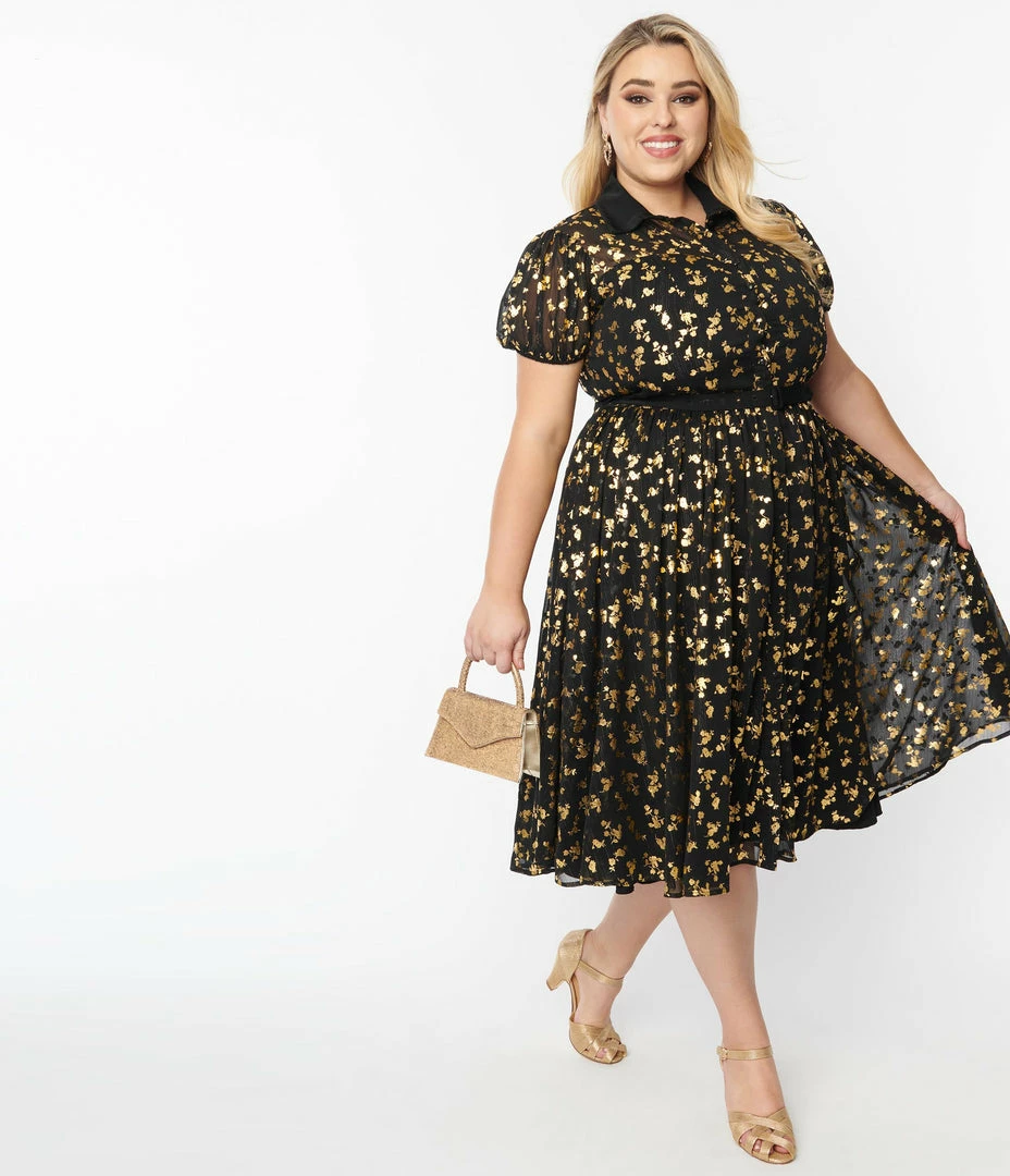Unique Vintage Plus Size Black & Gold Foil Floral Hollie Swing Dress New Arrivals!