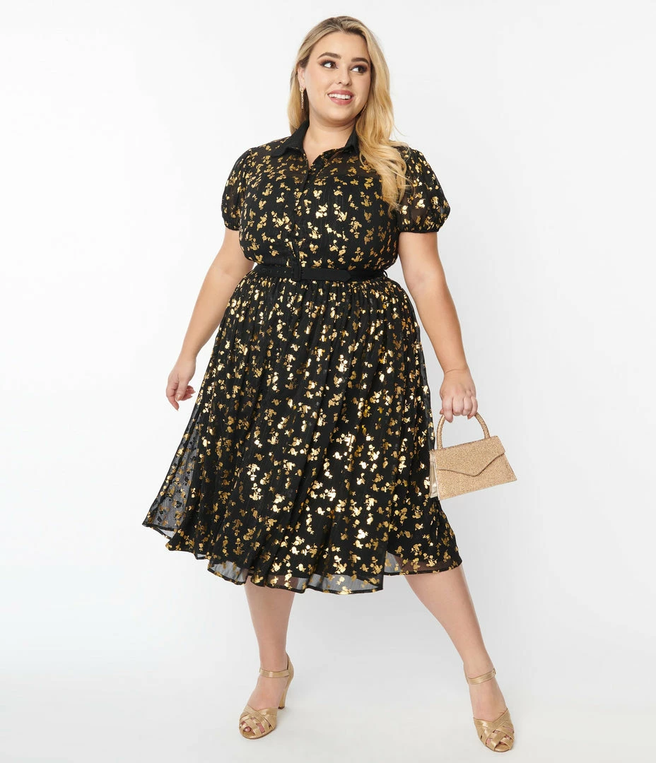 Unique Vintage Plus Size Black & Gold Foil Floral Hollie Swing Dress New Arrivals!