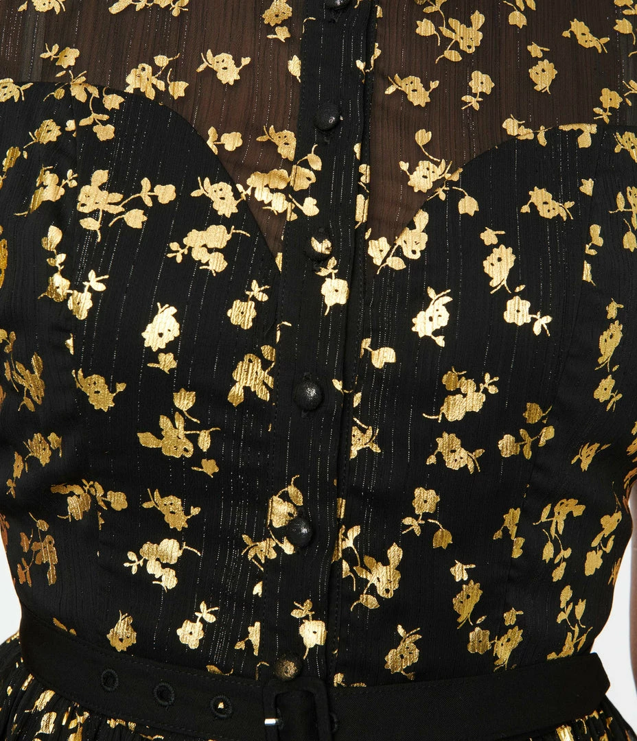 New Arrivals! Unique Vintage Black & Gold Foil Floral Hollie Swing Dress