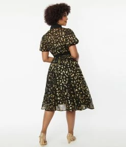 New Arrivals! Unique Vintage Black & Gold Foil Floral Hollie Swing Dress