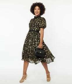 New Arrivals! Unique Vintage Black & Gold Foil Floral Hollie Swing Dress