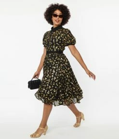 New Arrivals! Unique Vintage Black & Gold Foil Floral Hollie Swing Dress