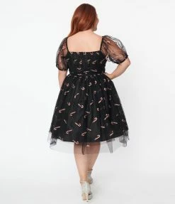 Clothing Unique Vintage Plus Size Black & Glitter Candy Canes Babydoll Dress