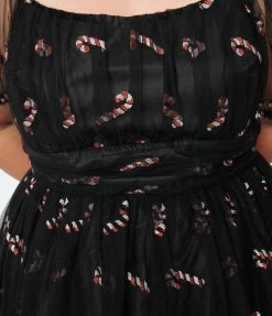 Clothing Unique Vintage Plus Size Black & Glitter Candy Canes Babydoll Dress