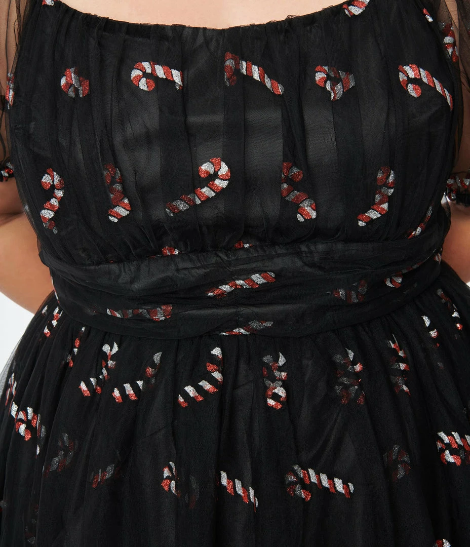 Clothing Unique Vintage Plus Size Black & Glitter Candy Canes Babydoll Dress