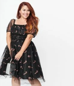 Clothing Unique Vintage Plus Size Black & Glitter Candy Canes Babydoll Dress