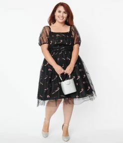 Clothing Unique Vintage Plus Size Black & Glitter Candy Canes Babydoll Dress
