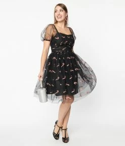 Unique Vintage Black & Glitter Candy Canes Babydoll Dress New Arrivals!