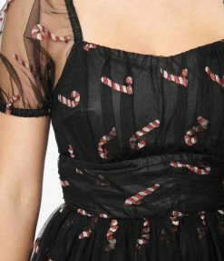 Unique Vintage Black & Glitter Candy Canes Babydoll Dress New Arrivals!