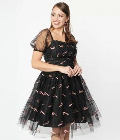 Unique Vintage Black & Glitter Candy Canes Babydoll Dress New Arrivals!