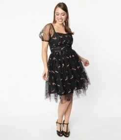 Unique Vintage Black & Glitter Candy Canes Babydoll Dress New Arrivals!