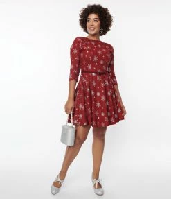 Unique Vintage Burgundy & Silver Snowflake Fit & Flare Dress New Arrivals!