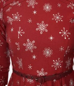 Unique Vintage Burgundy & Silver Snowflake Fit & Flare Dress New Arrivals!