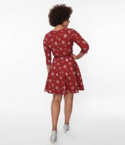 Unique Vintage Burgundy & Silver Snowflake Fit & Flare Dress New Arrivals!