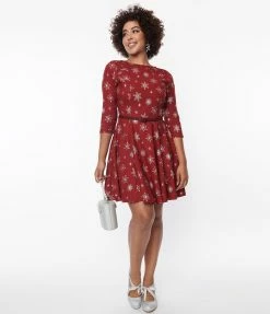 Unique Vintage Burgundy & Silver Snowflake Fit & Flare Dress New Arrivals!