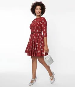 Unique Vintage Burgundy & Silver Snowflake Fit & Flare Dress New Arrivals!