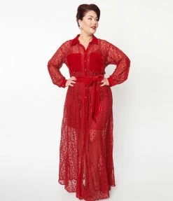 Unique Vintage Plus Size Burgundy Lace Blanche Maxi Shirtdress Clothing