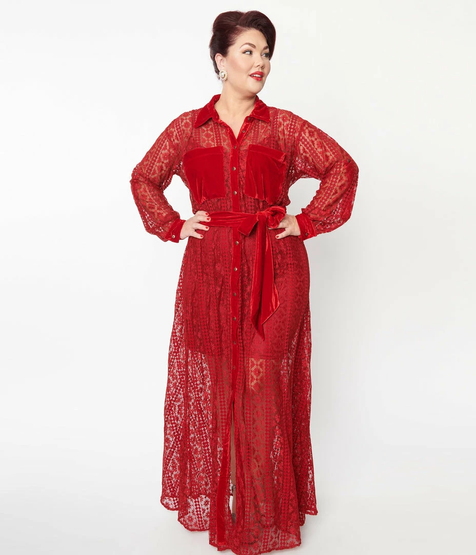 Unique Vintage Plus Size Burgundy Lace Blanche Maxi Shirtdress Clothing
