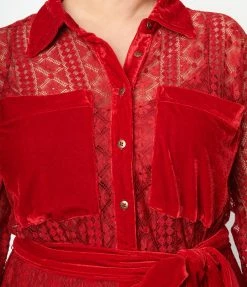 Unique Vintage Plus Size Burgundy Lace Blanche Maxi Shirtdress Clothing