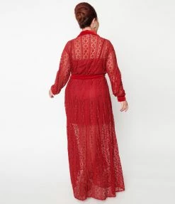 Unique Vintage Plus Size Burgundy Lace Blanche Maxi Shirtdress Clothing