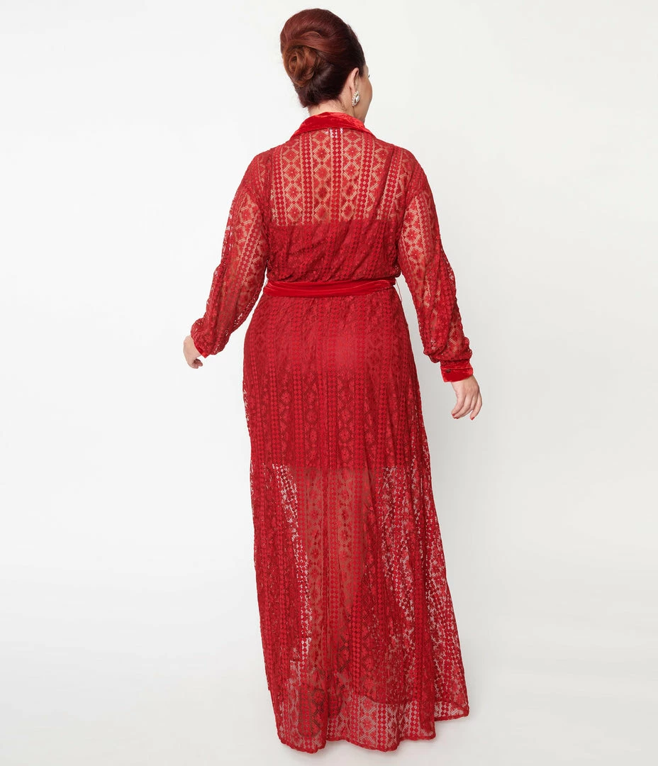 Unique Vintage Plus Size Burgundy Lace Blanche Maxi Shirtdress Clothing