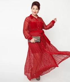 Unique Vintage Plus Size Burgundy Lace Blanche Maxi Shirtdress Clothing