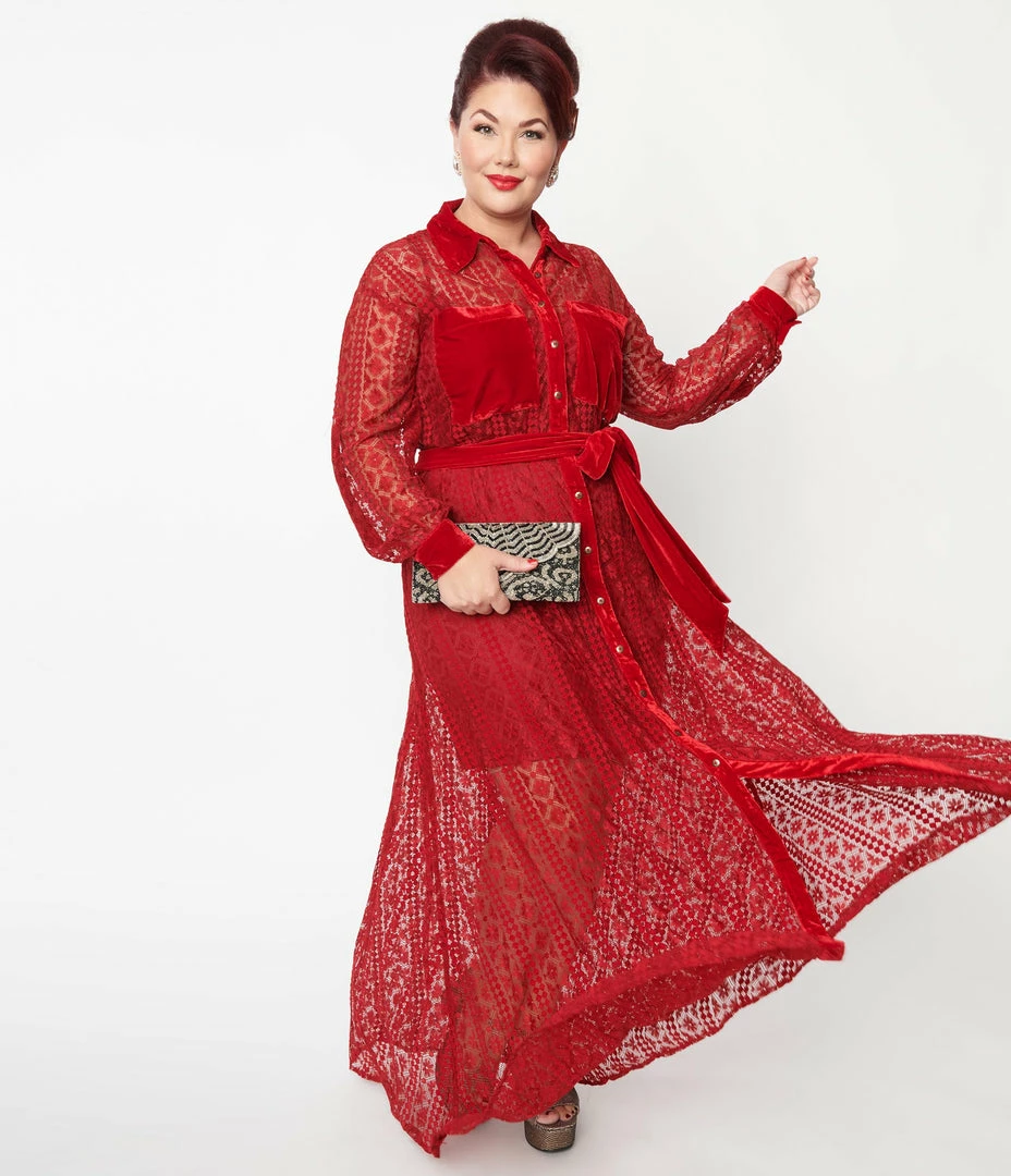 Unique Vintage Plus Size Burgundy Lace Blanche Maxi Shirtdress Clothing