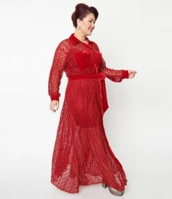 Unique Vintage Plus Size Burgundy Lace Blanche Maxi Shirtdress Clothing