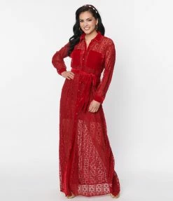 Unique Vintage Burgundy Lace Blanche Maxi Shirtdress Clothing