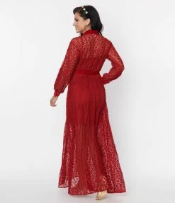 Unique Vintage Burgundy Lace Blanche Maxi Shirtdress Clothing