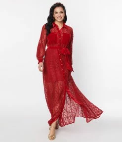 Unique Vintage Burgundy Lace Blanche Maxi Shirtdress Clothing