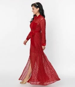 Unique Vintage Burgundy Lace Blanche Maxi Shirtdress Clothing