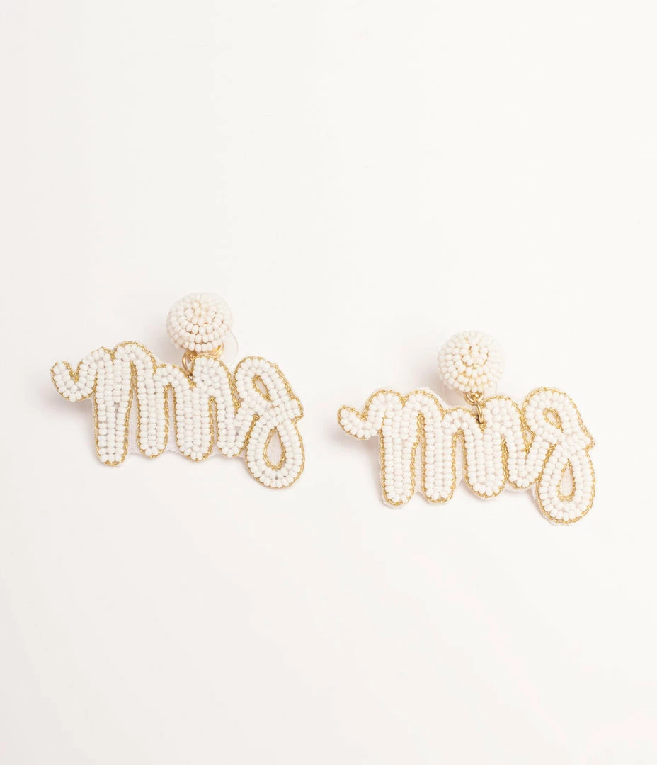 Pannee Bachelorette White Bead Mrs Drop Earrings