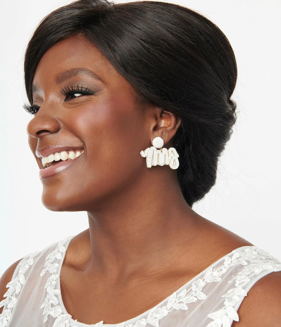 Pannee Bachelorette White Bead Mrs Drop Earrings