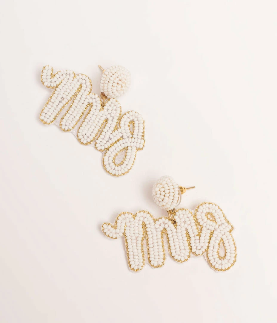 Pannee Bachelorette White Bead Mrs Drop Earrings
