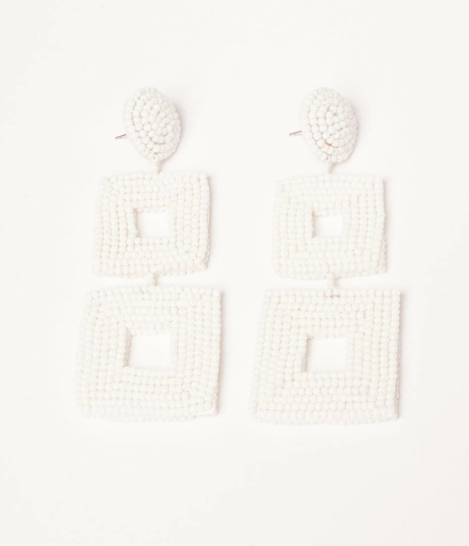 Pannee White Bead Square Drop Earrings Bachelorette