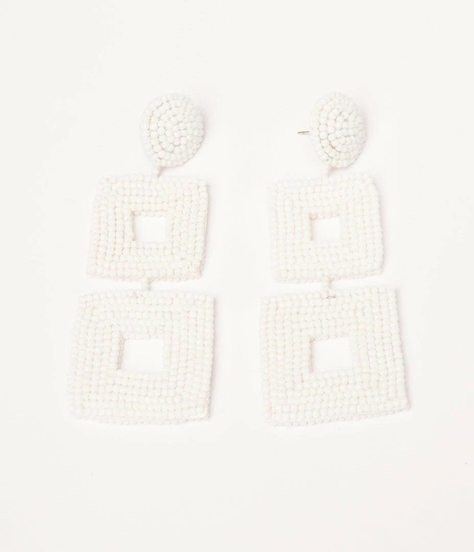 Pannee White Bead Square Drop Earrings Bachelorette