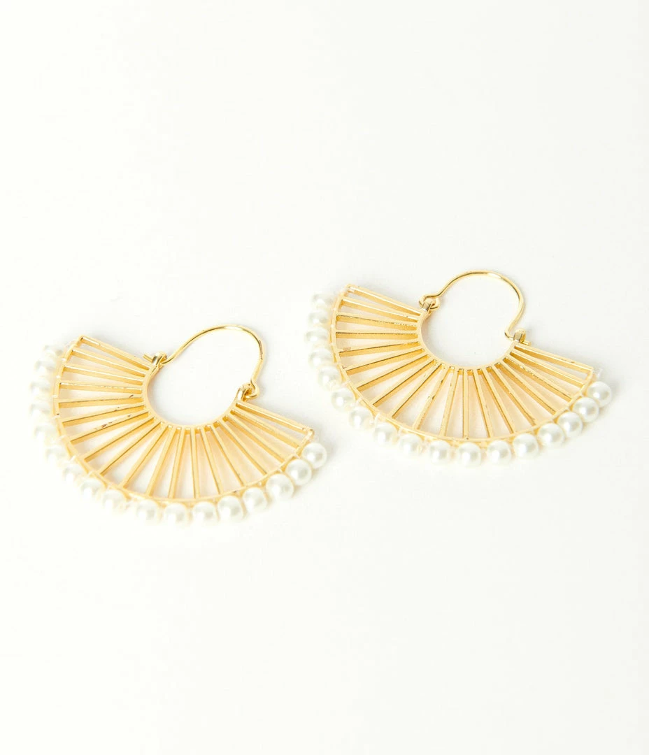 Pannee Gold & Pearl Fan Hinge Earrings Guest Attire