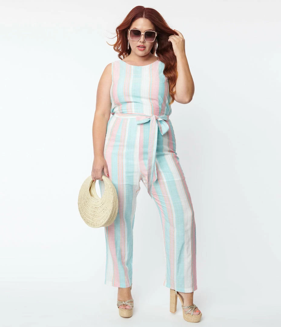 Hayden Plus Size Pastel Blue & Pink Stripe Jumpsuit
