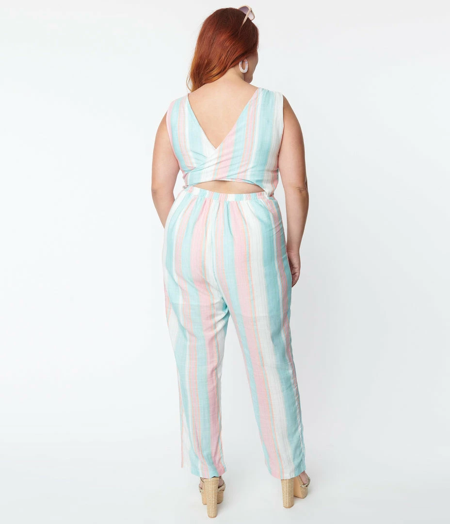 Hayden Plus Size Pastel Blue & Pink Stripe Jumpsuit