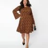Unique Vintage Plus Size Rust Orange Floral Flare Dress