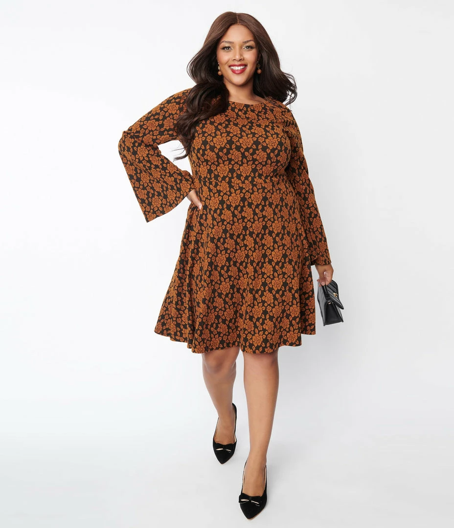 Unique Vintage Plus Size Rust Orange Floral Flare Dress