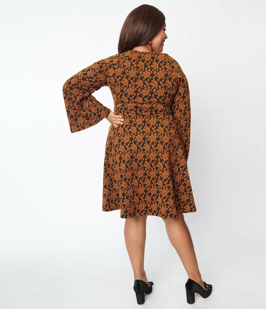 Unique Vintage Plus Size Rust Orange Floral Flare Dress
