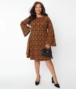 Unique Vintage Plus Size Rust Orange Floral Flare Dress
