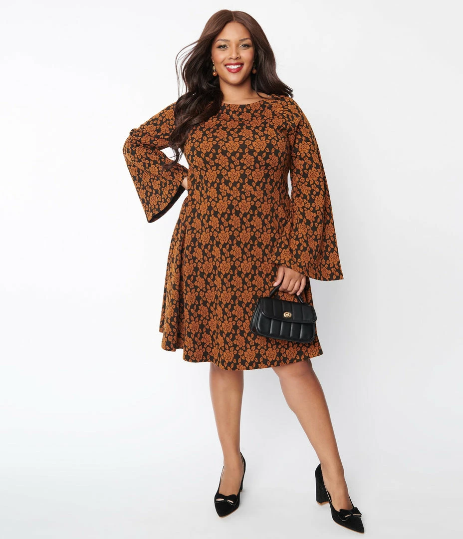 Unique Vintage Plus Size Rust Orange Floral Flare Dress