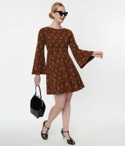 Unique Vintage Rust Orange Floral Flare Dress