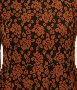 Unique Vintage Rust Orange Floral Flare Dress