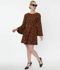 Unique Vintage Rust Orange Floral Flare Dress