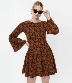 Unique Vintage Rust Orange Floral Flare Dress